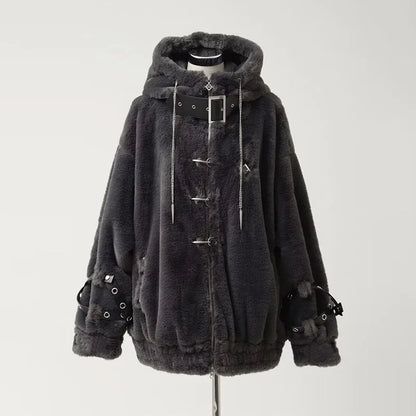 Lautaro Autumn Winter Thick Warm Faux Fur Coat Women with Hood Zipper Luxury Japanese Style Punk Harajuku Fluffy Jacket 2026