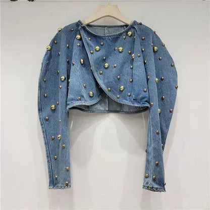 Spring Autumn Women Rivets Long Lantern Sleeve Denim Coat Short Pearls Beading Jeans Bomber Jacket Cowboy Cardigan Tops 2023 SS69 35.69 Gold Beaded / M