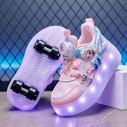 Disney Princess Two Wheels Children's Led Light Roller Skate Shoes For Girls 2025 Glowing Sports Luminous Sneakers