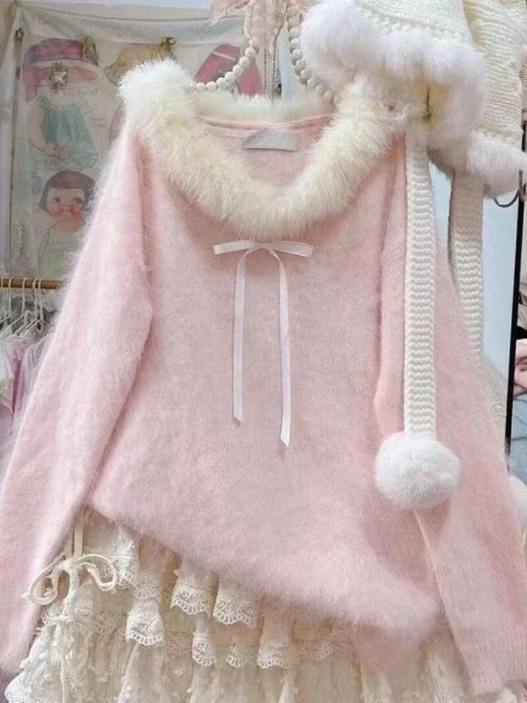 Winter Sweet Kawaii Patchwork Sweater Women Japanese Fashion Vintage Hot Girl Knitted Tops Y2k Elegant Cute Bow Pullover New