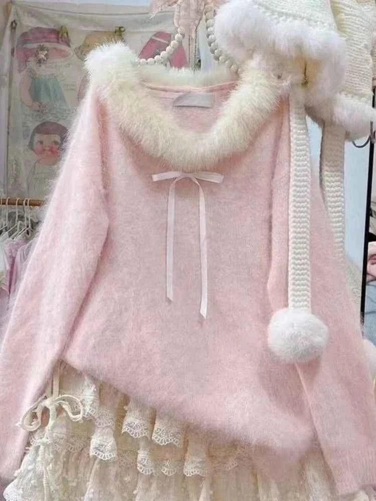 Winter Sweet Kawaii Patchwork Sweater Women Japanese Fashion Vintage Hot Girl Knitted Tops Y2k Elegant Cute Bow Pullover New