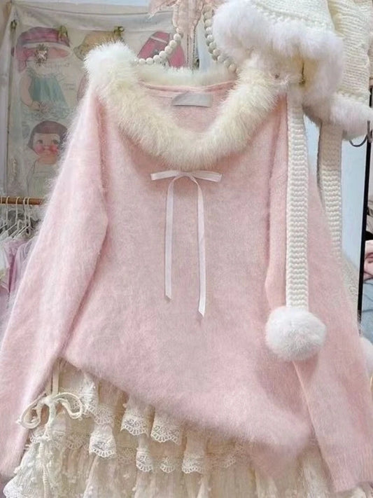 Winter Sweet Kawaii Patchwork Sweater Women Japanese Fashion Vintage Hot Girl Knitted Tops Y2k Elegant Cute Bow Pullover New