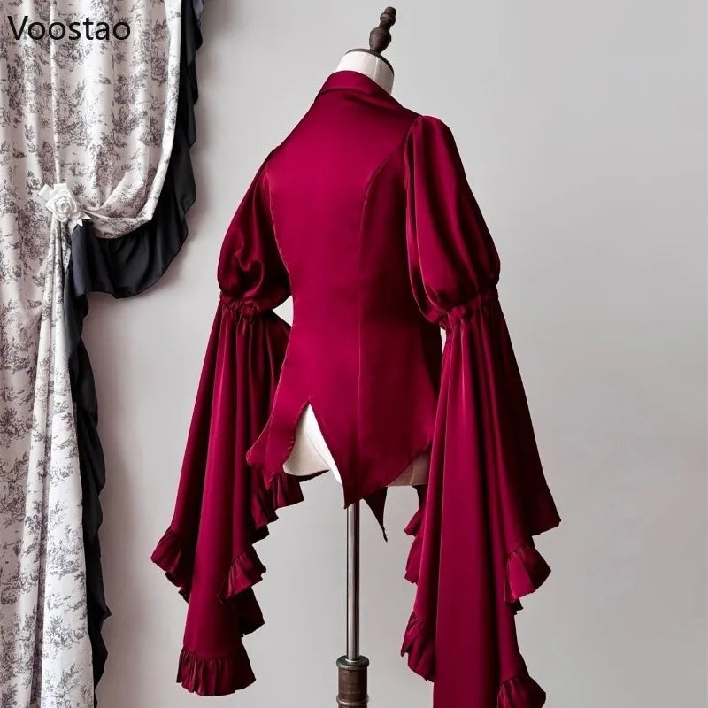 Japanese Vintage Elegant Lolita Shirt Women Victorian Gothic Flare Sleeve Blouses Female Y2k Aesthetic Casual Retro Tops Blusas SS69