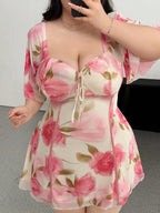 Plus Size Romantic Floral Pink Yellow Ruffle Sleeve Dress Short Sleeve V Neck Waistband Fitted Tiered