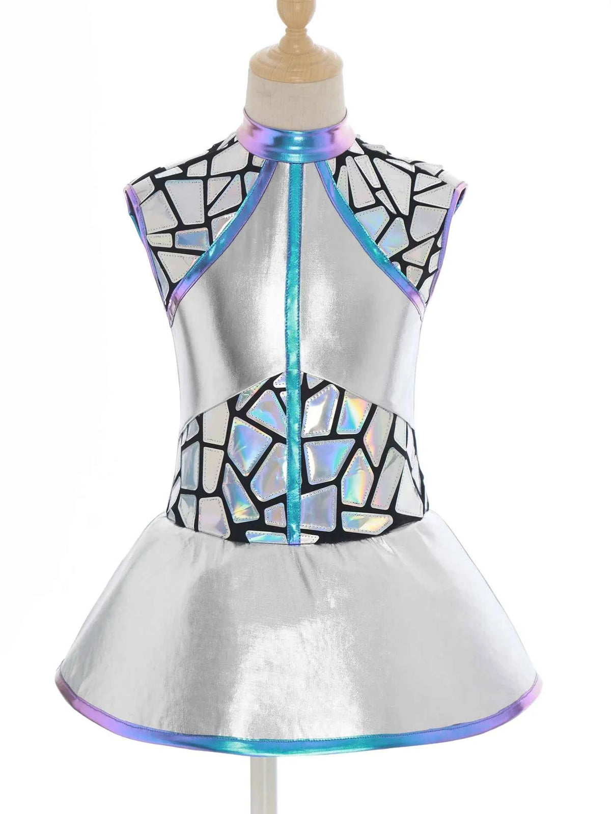 Girls Shiny Alien Outerspace Halloween Cosplay Costume Sleeveless Mock Zip Neck Tutu Dance Dress for Future World Party