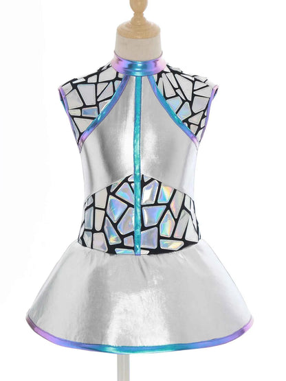 Girls Shiny Alien Outerspace Halloween Cosplay Costume Sleeveless Mock Zip Neck Tutu Dance Dress for Future World Party