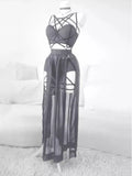 Gothic Mesh Backless Crop Top & Skirt Set - 3 Piece