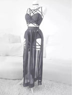 Gothic Mesh Backless Crop Top & Skirt Set - 3 Piece