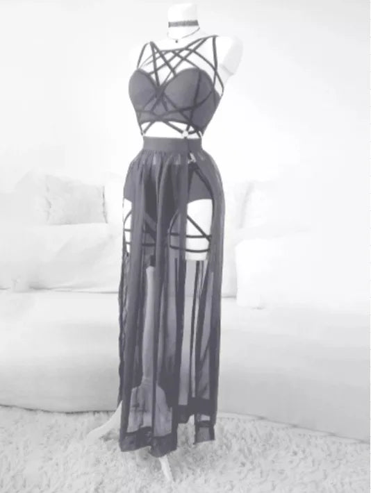 Gothic Mesh Backless Crop Top & Skirt Set - 3 Piece