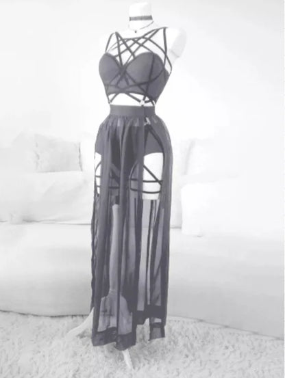 AltGoth Gothic Nightclub Sexy Skirt Set Women See Through Mesh Backless Crop Tops Emo Alt Punk High Waist Underpants Skirt 3pcs