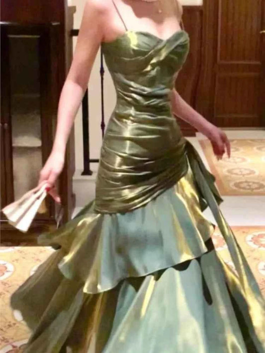 Women Summer New Elegant Ruffled Maxi Dress Light Luxury Bodycon Sling Fishtail Dresses Vintage Party Gown Prom and Events