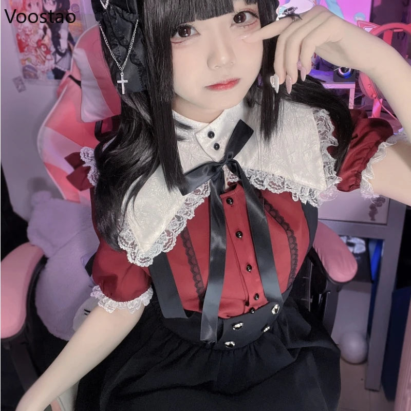 Gothic Y2k Lolita Shirt Japanese Harajuku Girls Sweet Lace Ruffles Bow Puff Sleeve Blouses Women Punk Clothes Tops Blusas Mujer SS69