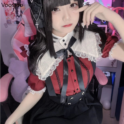 Gothic Y2k Lolita Shirt Japanese Harajuku Girls Sweet Lace Ruffles Bow Puff Sleeve Blouses Women Punk Clothes Tops Blusas Mujer SS69