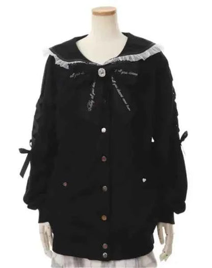 Mine Series Japanese Embroidery Bow Sail Collar Black Long Sweatshirt Coat Women Hoodie Lolita Sweet Girls Pink Hoodies Jacket