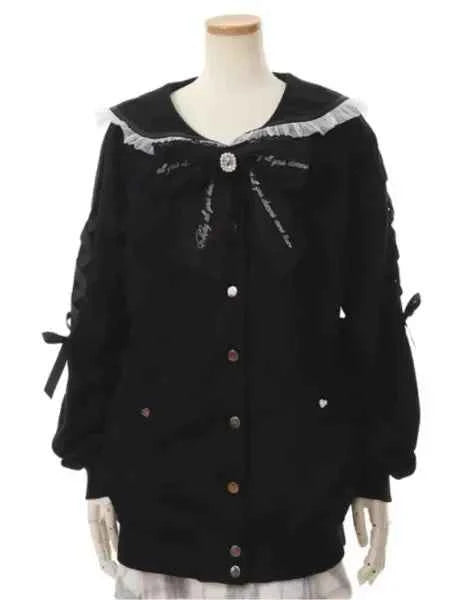 Mine Series Japanese Embroidery Bow Sail Collar Black Long Sweatshirt Coat Women Hoodie Lolita Sweet Girls Pink Hoodies Jacket