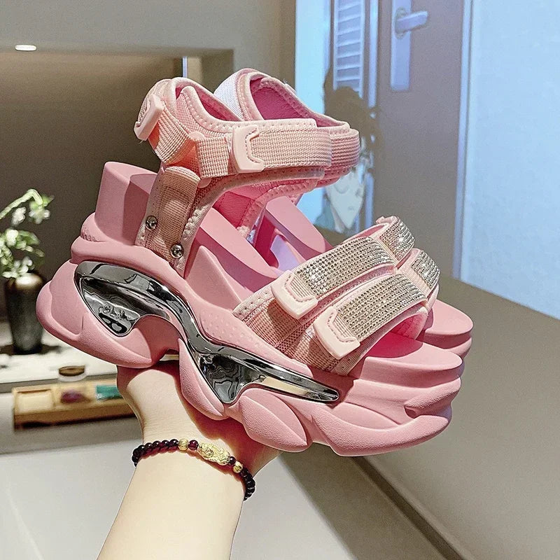 Summer High Platform Women Sandals Buckle 10CM Wedges Bling Shoes Fashion 2023 Outside Chunky Sandals Beach Casual Slides Woman SS69 25.69 Pink / 38
