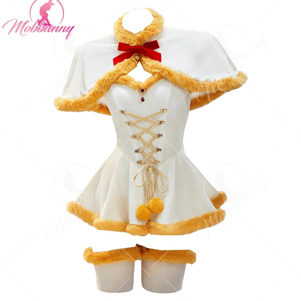 MOBBUNNY Women Frieren Derivative Winter Christmas Sexy Cosplay Costume Set Off-the-shoulder Bodysuit with Cape and Socks