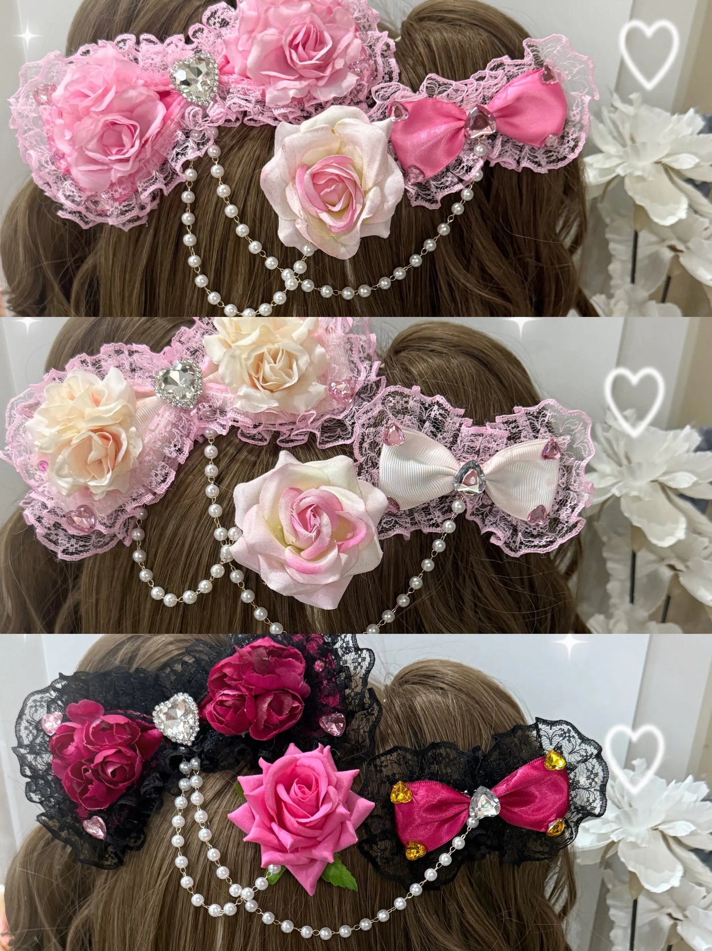 SS69 Lolita Lace Bow Hairpin with Pearl Chain and Floral Accents