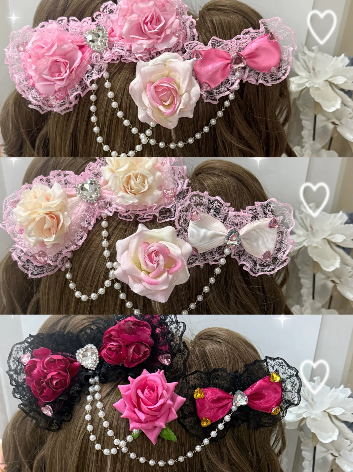 Lace Bow Hairpin with Pearl Chain & Floral Accents