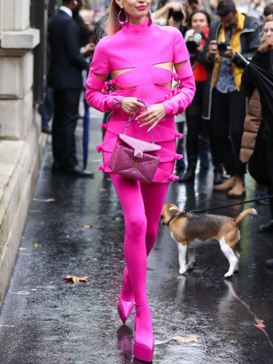 HIGH STREET 2024 New Stylish Designer Party Wear Women's Star Style Sexy Hollow Out Bow Dress Fluorescence Pink SS69