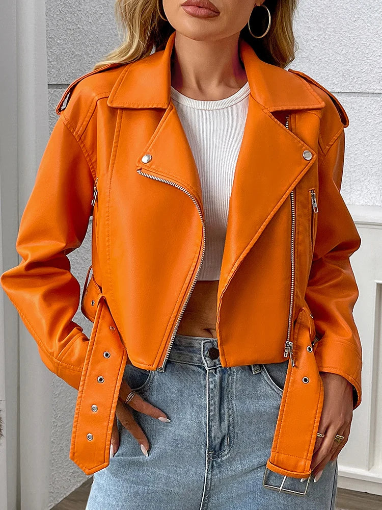 Ailegogo Women's Faux Leather Moto Jacket with Belt