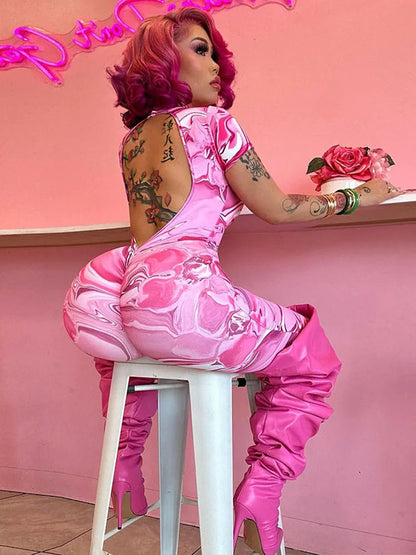 Nibber Sporty Backless Jumpsuit Women Peach Buttocks Fitness Shorts Sleeve Summer Trend Street Activity Casual Workout Overalls SS69