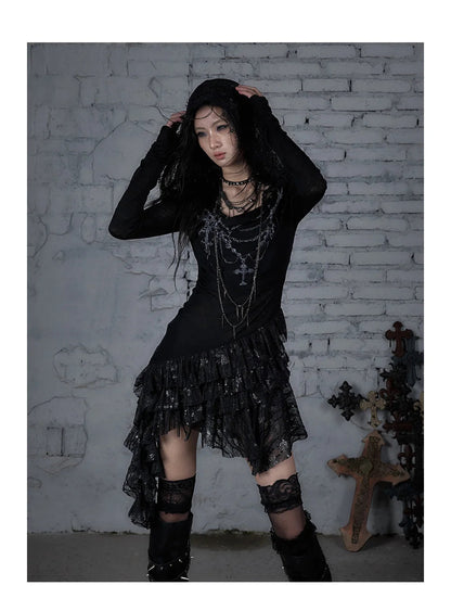 NO ROMANCE Fairy Sexy Punk Printing Half Transparent Lace Patch Knitted Long Sleeve Hooded Dresses Rock Gothic Design Vestidos SS69