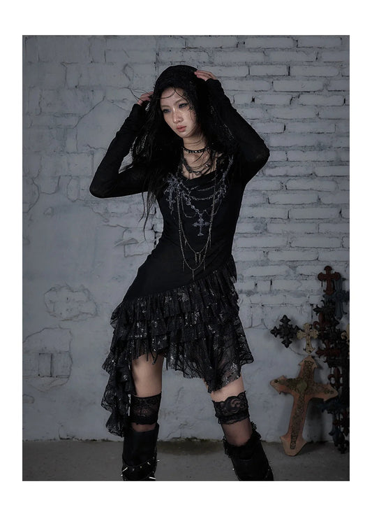 NO ROMANCE Fairy Sexy Punk Printing Half Transparent Lace Patch Knitted Long Sleeve Hooded Dresses Rock Gothic Design Vestidos SS69