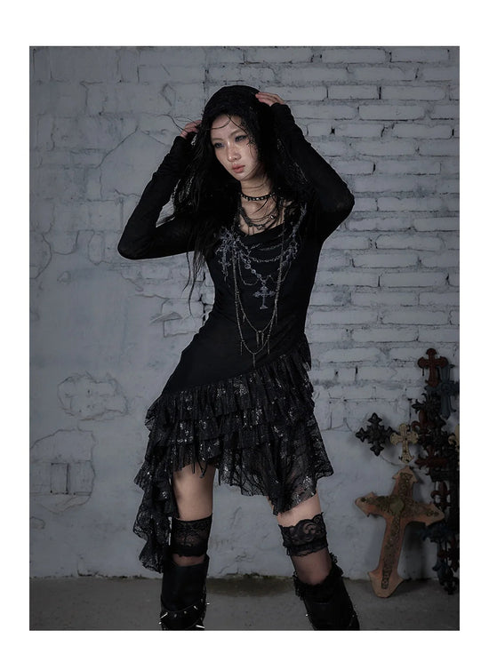 NO ROMANCE Fairy Sexy Punk Printing Half Transparent Lace Patch Knitted Long Sleeve Hooded Dresses Rock Gothic Design Vestidos SS69