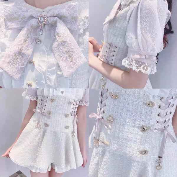 Japanese Mine Mass-Produced Short-Sleeve Shirt Dress Shorts Set Women Sweet Liz Doll Collar Bow Shirt Dress Two-Piece Suit