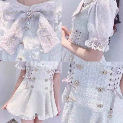 Japanese Mine Mass-Produced Short-Sleeve Shirt Dress Shorts Set Women Sweet Liz Doll Collar Bow Shirt Dress Two-Piece Suit