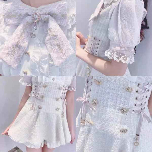 Japanese Mine Mass-Produced Short-Sleeve Shirt Dress Shorts Set Women Sweet Liz Doll Collar Bow Shirt Dress Two-Piece Suit