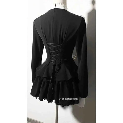 2025 Autumn Gothic Lolita Dress Sweet Heart Black Bow - Elegant Long Sleeve Short Dress with Lace Trim Slim Fit Waist for Women