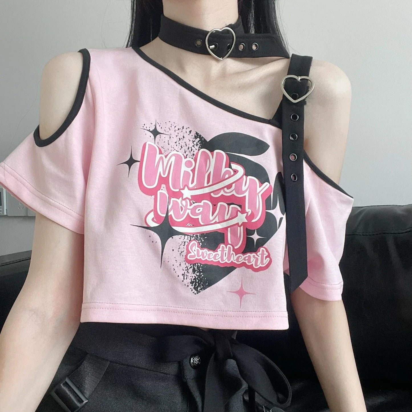 Black Pink Y2K Clothing Set Hot Girls Strapless Strap Short Sleeve T-shirt Slimming Jeans Long Pants Female 4 Piece Set Outfits SS69