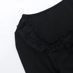 AltGoth Aesthetic Goth T-shirt Women Hotsweet Y2k E-girl 2000s Streetwear Lace Patchwork Square Collar Long Sleeve Crop Tee Tops - SS69