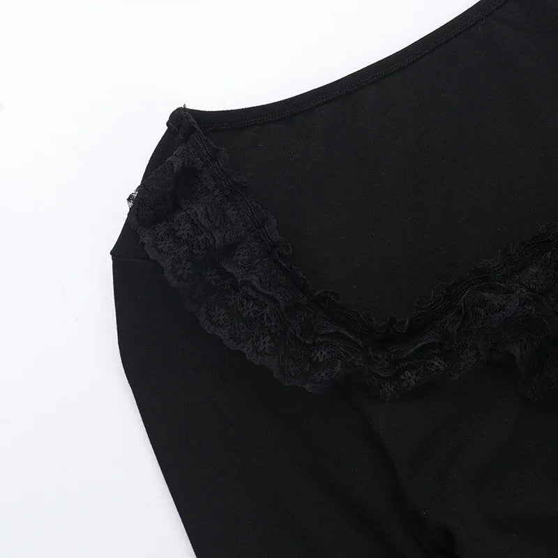 AltGoth Aesthetic Goth T-shirt Women Hotsweet Y2k E-girl 2000s Streetwear Lace Patchwork Square Collar Long Sleeve Crop Tee Tops - SS69