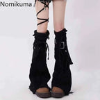 SS69 Harajuku Denim Black Leg Warmers with Cross Patchwork Knee-High Gaiters