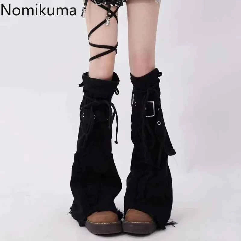 SS69 Harajuku Denim Black Leg Warmers with Cross Patchwork Knee-High Gaiters
