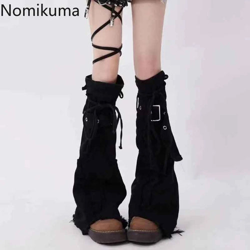 SS69 Harajuku Denim Black Leg Warmers with Cross Patchwork Knee-High Gaiters