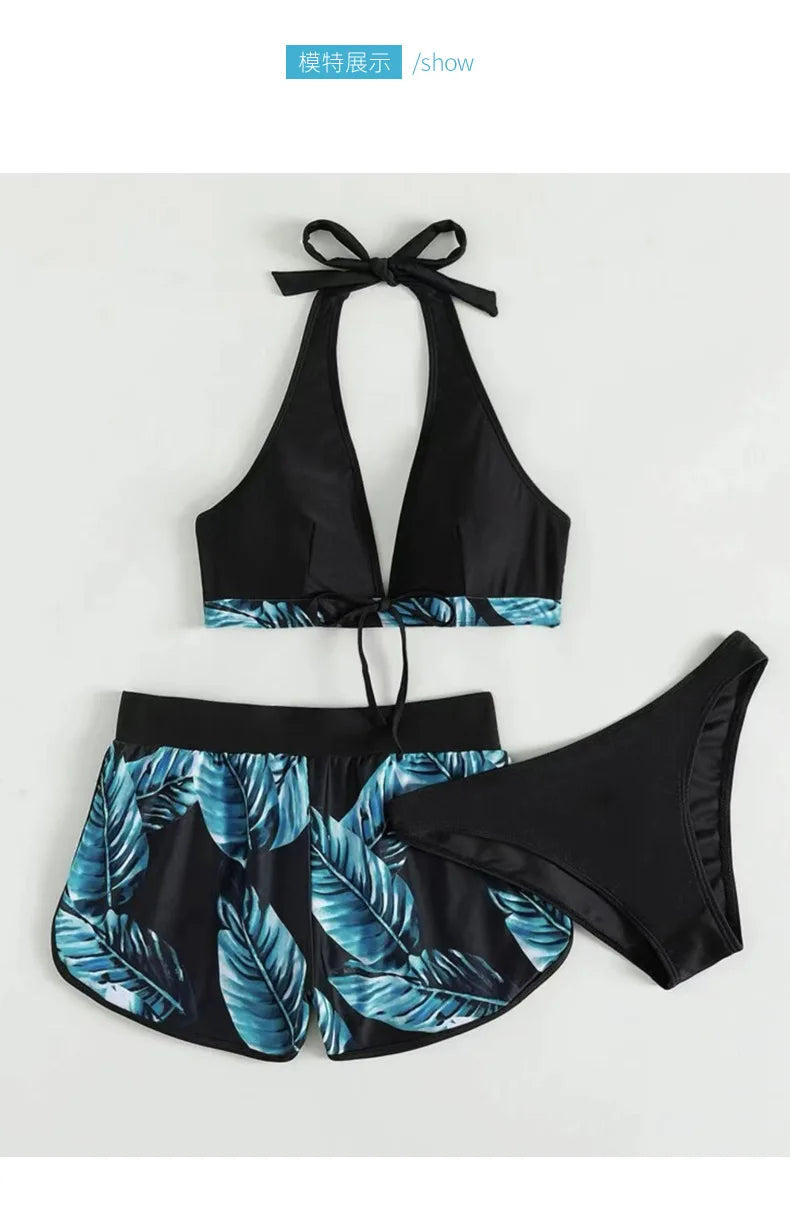 Women 2024 New Bikinis 6 Colors Sexy Halter Bikini 3 Piece Set Leafs Print High Waisted Swimsuit Beach Bathing Suit Size S-XXL SS69