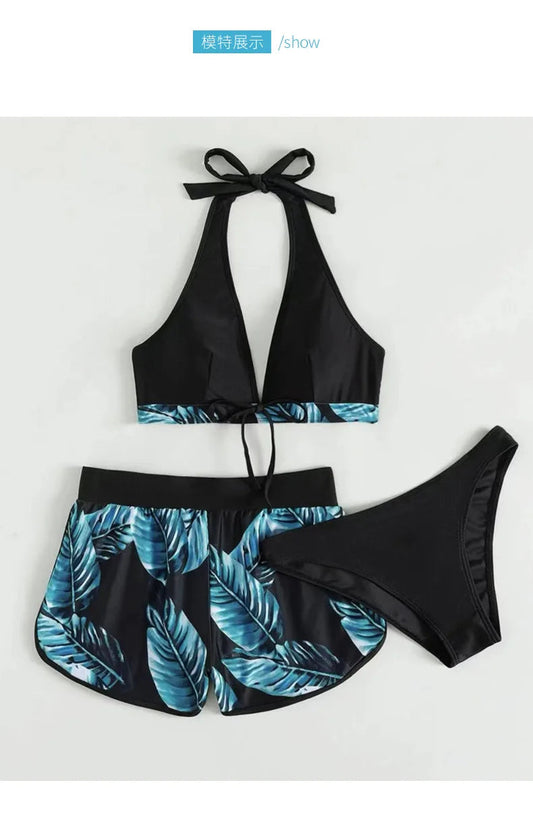 Women 2024 New Bikinis 6 Colors Sexy Halter Bikini 3 Piece Set Leafs Print High Waisted Swimsuit Beach Bathing Suit Size S-XXL SS69