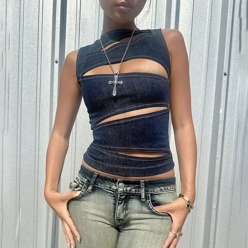 Talenza Women's Sleeveless Round Neck Vest Summer Solid Color Hollow Slim Vest Top Fashion Sexy Streetwear Women's Slim Vest Top SS69