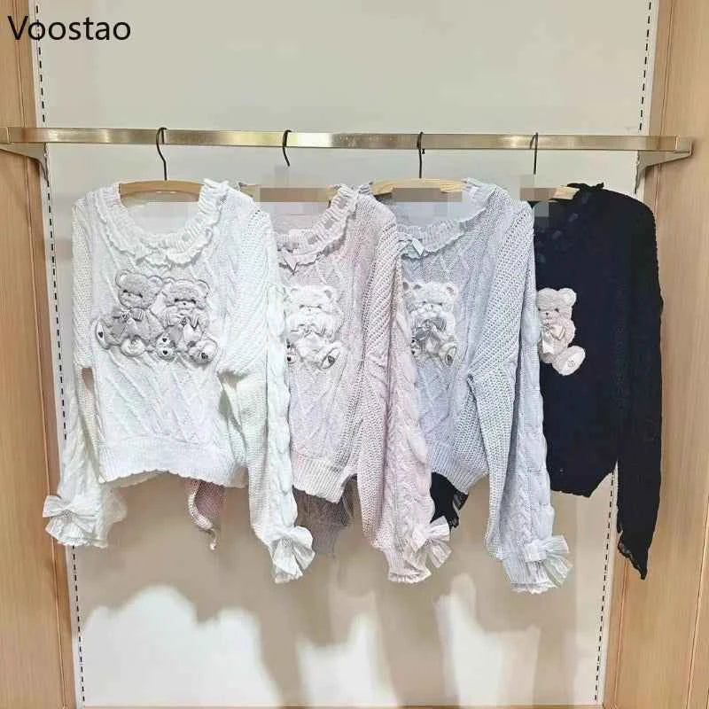 SS69 Vintage Sweet Lolita Bear Embroidery Bow Knit Sweater