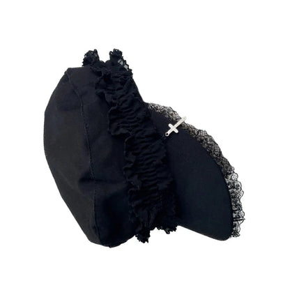 Japanese Women Double Layers Lace Beret Cap Fashion 2000s Girls Gothic Punk Cross Pendant Octagonal Hat Street Photography Hat SS69