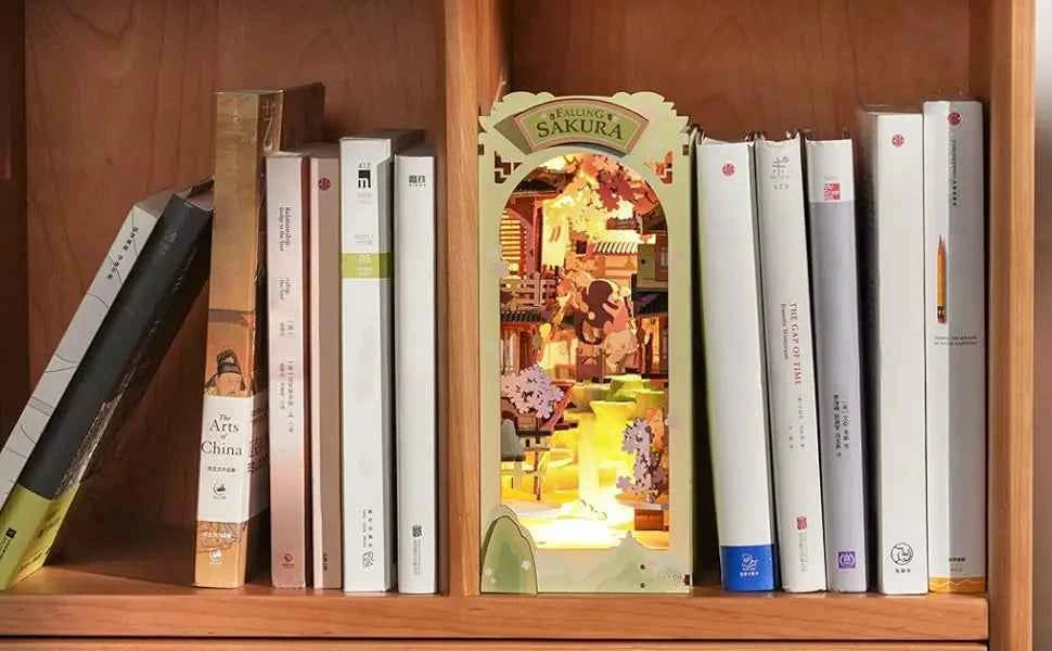 Robotime Rolife Falling Sakur Book Nook DIY Dollhouse Bookend Model Kit with LED Light Wooden Puzzle for Bookshelf Decor - TGB05