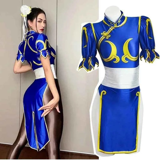 Women's Street Fighter Chun Li Cosplay Costume Game Fighter Chunli Blue Cheongsam with Headdress and Waistband Halloween Costume