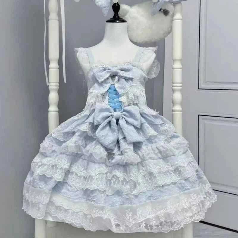Kawaii Lovely Slim Lolita Dress Women Design Sweet Bow Sleeveless Sling Dresses Elegant Cute Pretty New Clothing