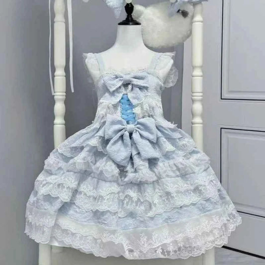 Kawaii Lovely Slim Lolita Dress Women Design Sweet Bow Sleeveless Sling Dresses Elegant Cute Pretty New Clothing