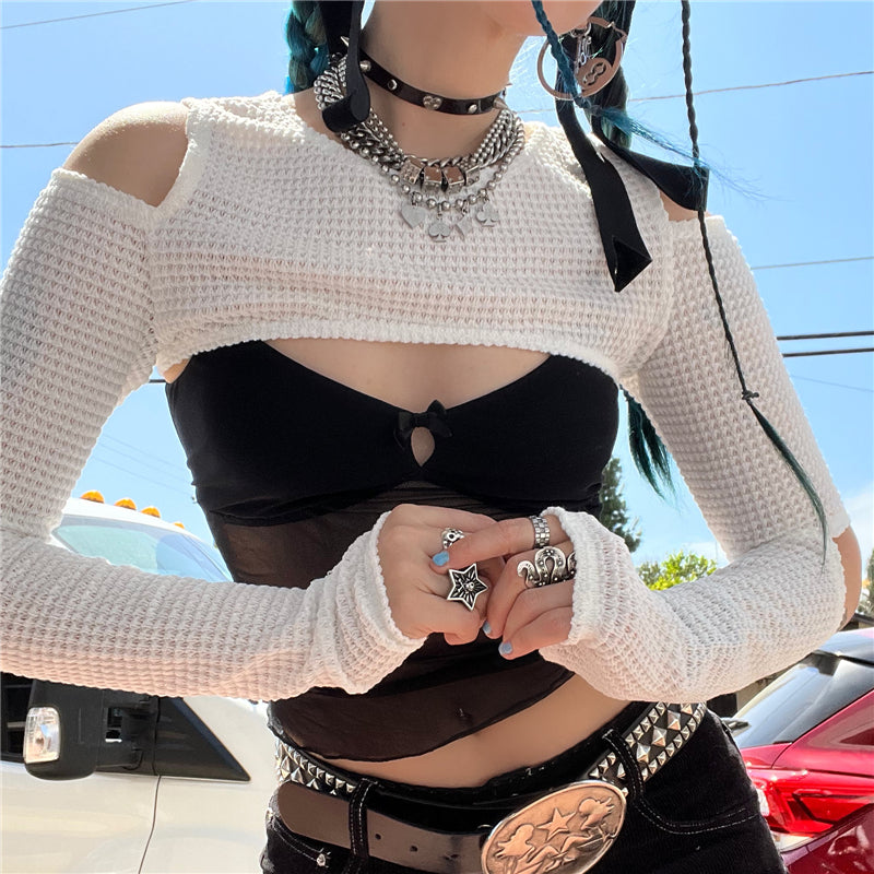 Dourbesty Punk Gothic T-Shirts Crop Top Women Hollow Out Cut-out Shoulder Long Sleeve T-shirt 2000s Aesthetic Streetwear y2k SS69