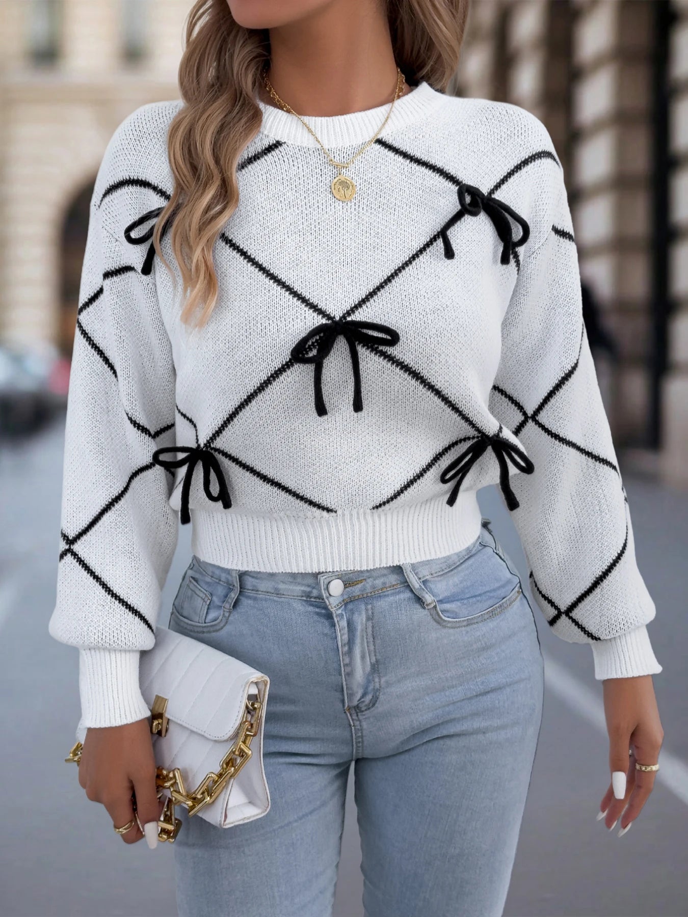 2026 Fashion Contrasting Bow Knitted Sweaters Autumn Winter Casual Round Neck Lantern Long Sleeve Tops for Woman Valentine's Day